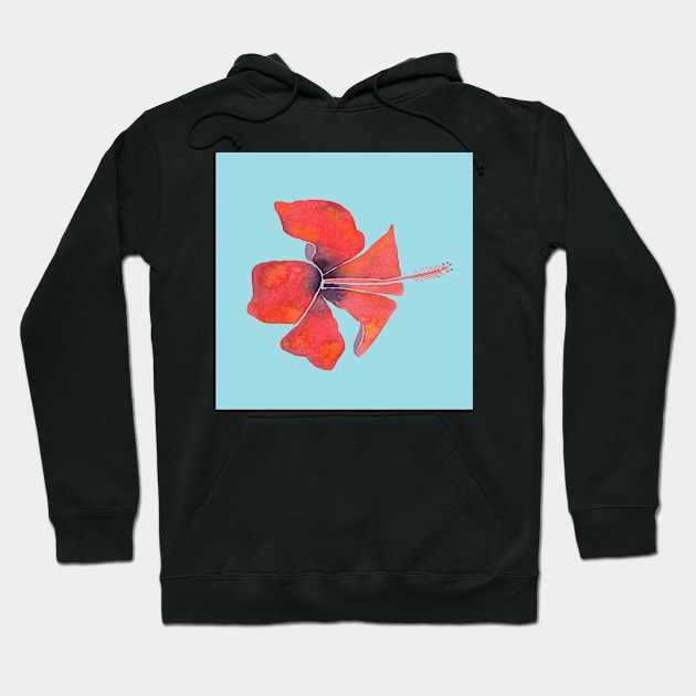 Red Hibiscus Tropical Watercolor Illustration with a blue background Hoodie by Sandraartist